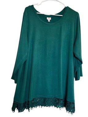 dressbarn Green Lace-Hem Tunic Top Women’s 2X Relaxed Fit 3/4 Sleeves scoop Neck